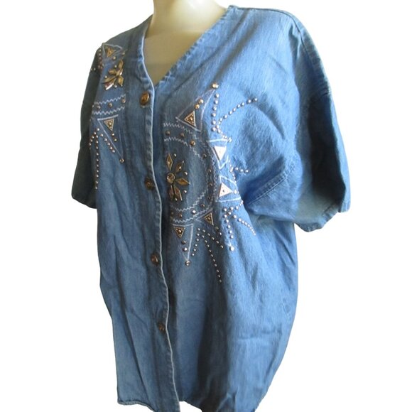 2XL Vintage Women's Denim Top Studded Rhinestone 1990's Mom Jacket USA MADE XXL - Picture 3 of 9